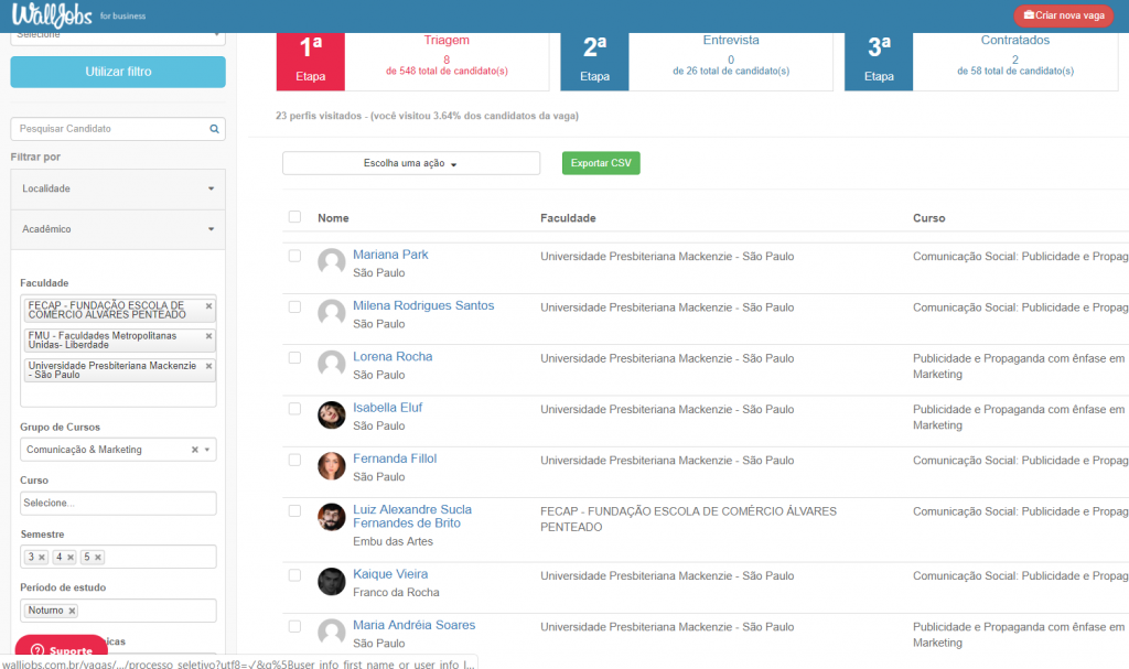 Grupos de Filtros no processo seletivo